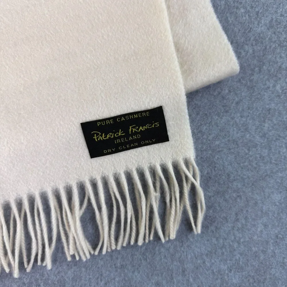 Patrick Francis Ireland Ivory Pure Cashmere Fringe Scarf 12x55 Minimalist Luxury